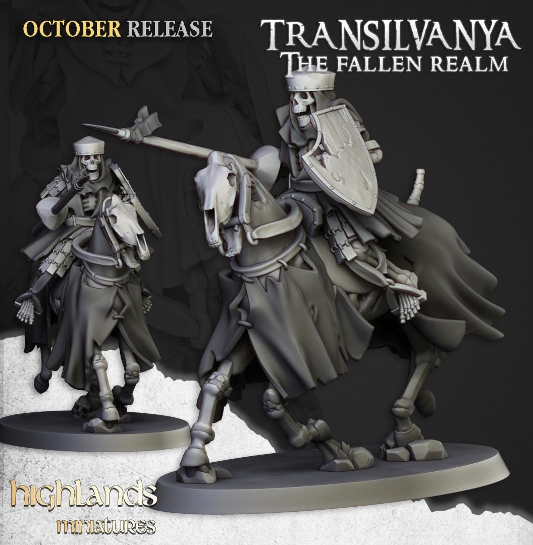 Skeleton Knights with Command Group 10 models Highland Miniatures Transilvanya Undead Cavalry various scales (US tariffs are pre-paid by us)
