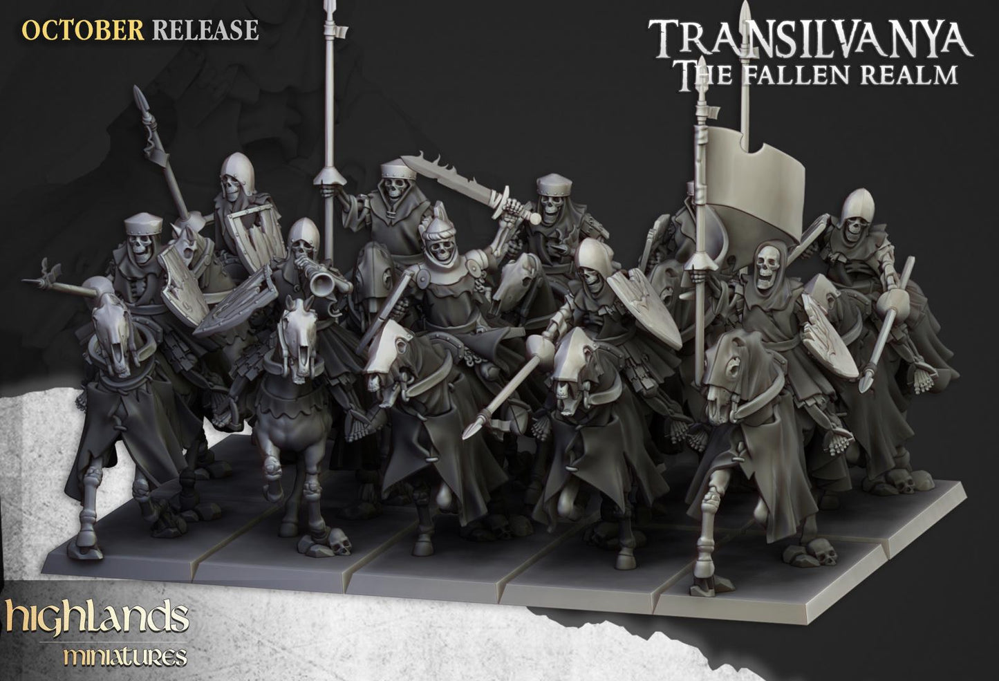Skeleton Knights with Command Group 10 models Highland Miniatures Transilvanya Undead Cavalry various scales (US tariffs are pre-paid by us)