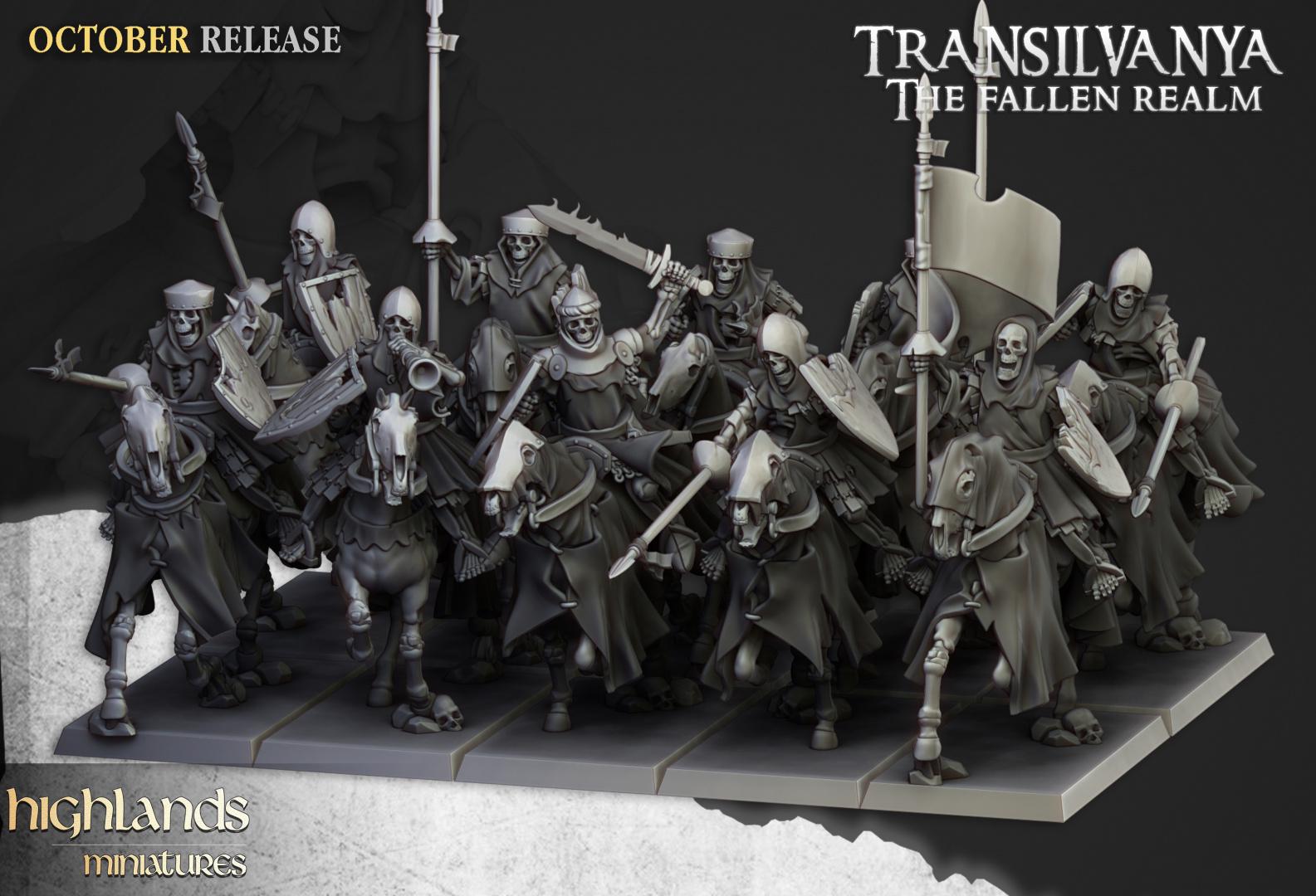 Skeleton Knights with Command Group 10 models Highland Miniatures Transilvanya Undead Cavalry various scales (US tariffs are pre-paid by us)