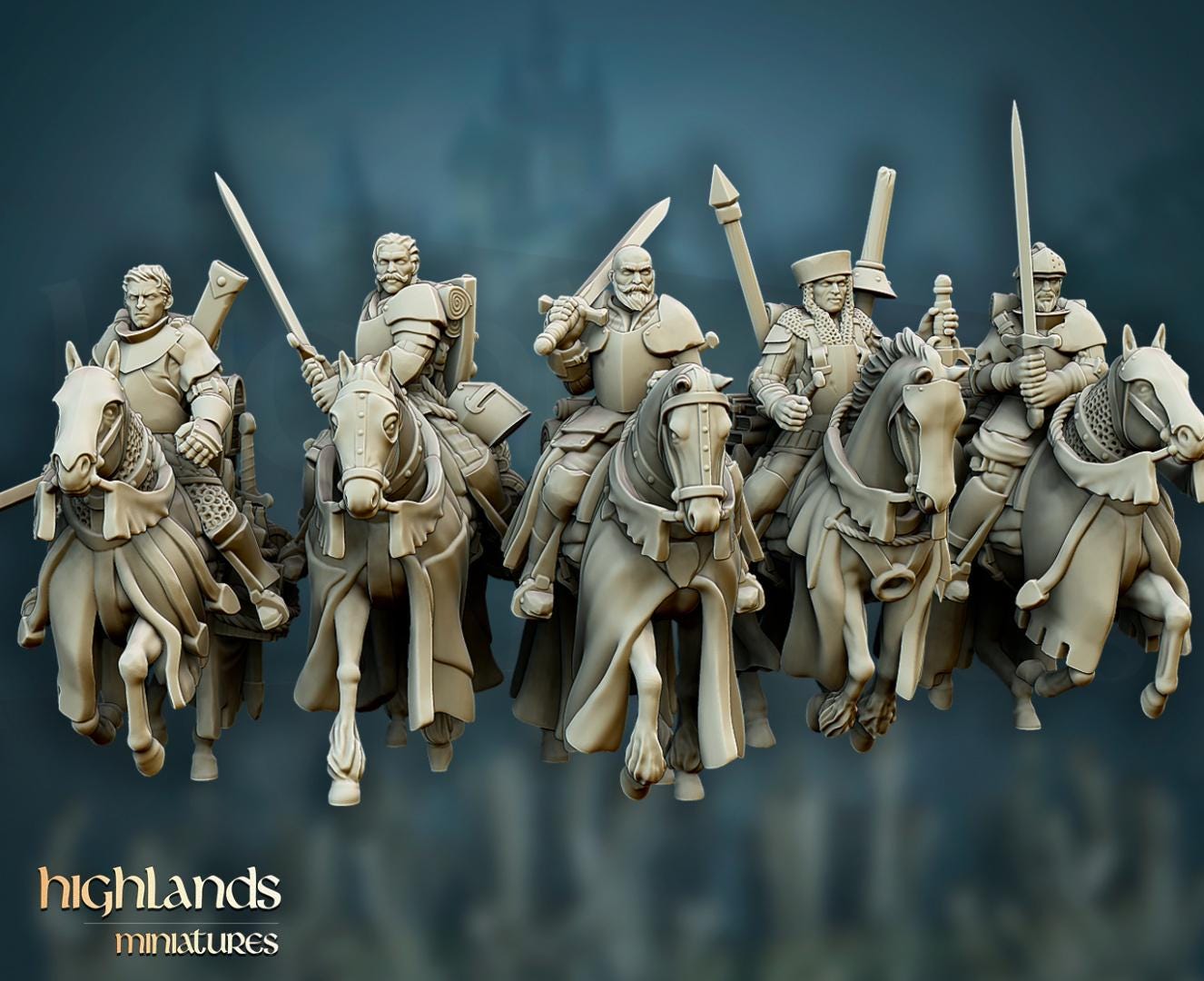 Questing Knights with Command Group 10 models Highland Miniatures Cavalry various scales (US tariffs are pre-paid by us)