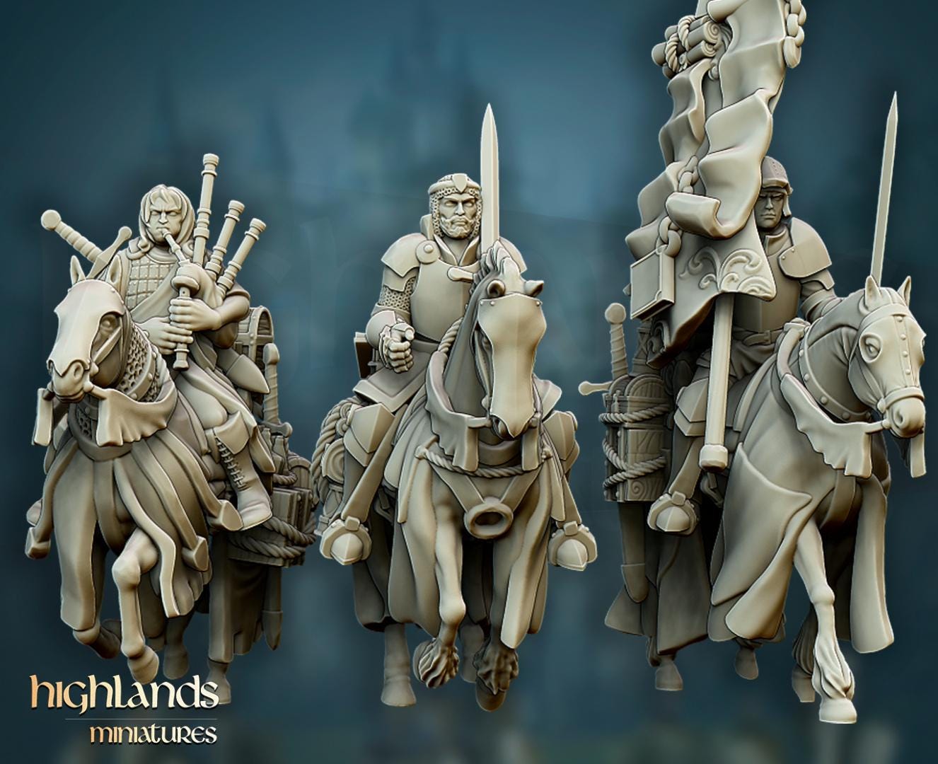 Questing Knights with Command Group 10 models Highland Miniatures Cavalry various scales (US tariffs are pre-paid by us)