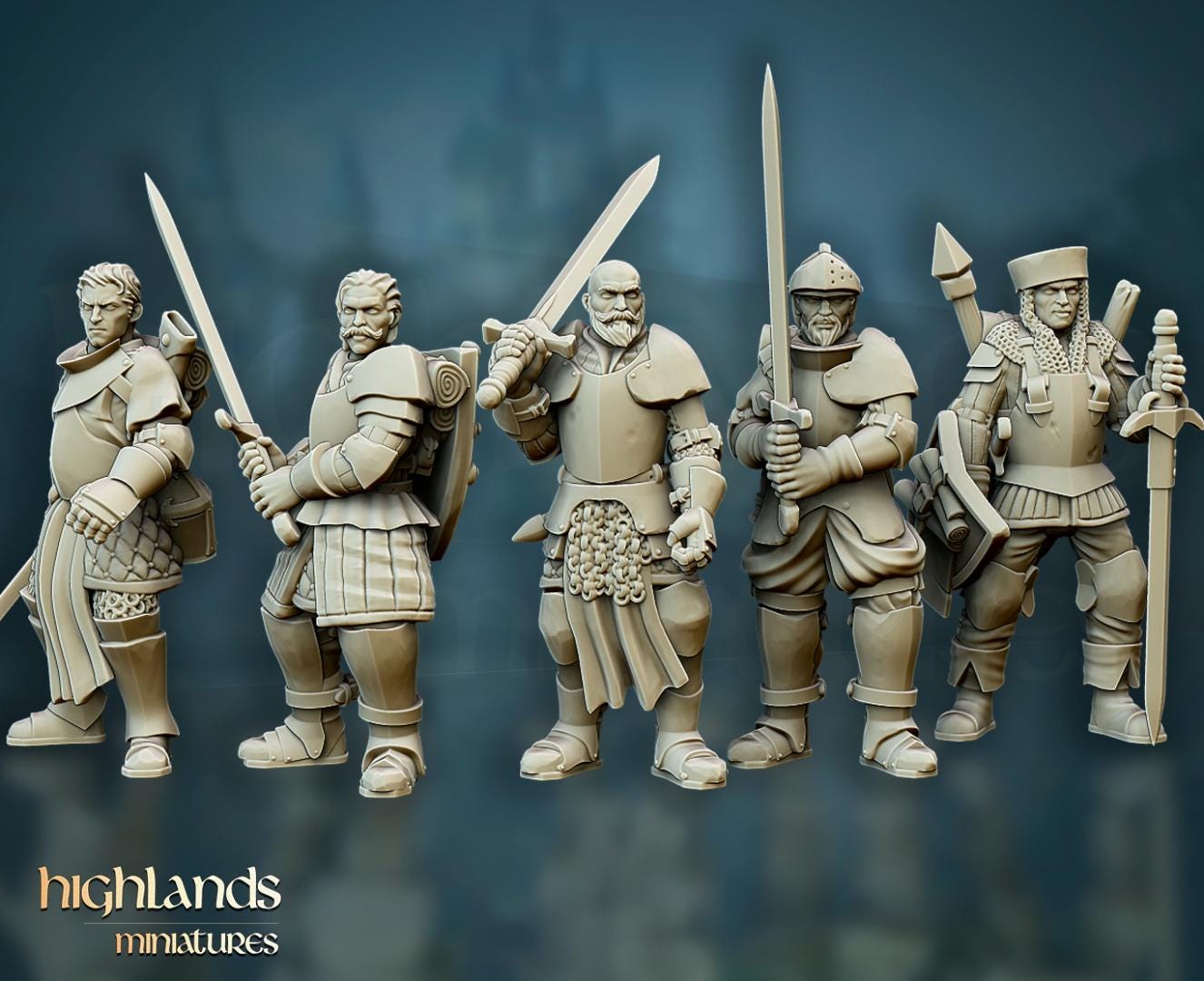 Dismounted Questing Knights 5 models Highland Miniatures various scales (US tariffs are pre-paid by us)