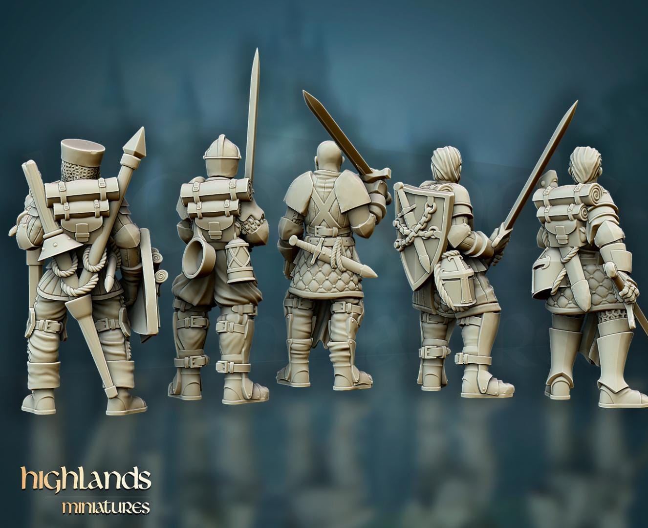 Dismounted Questing Knights 5 models Highland Miniatures various scales (US tariffs are pre-paid by us)