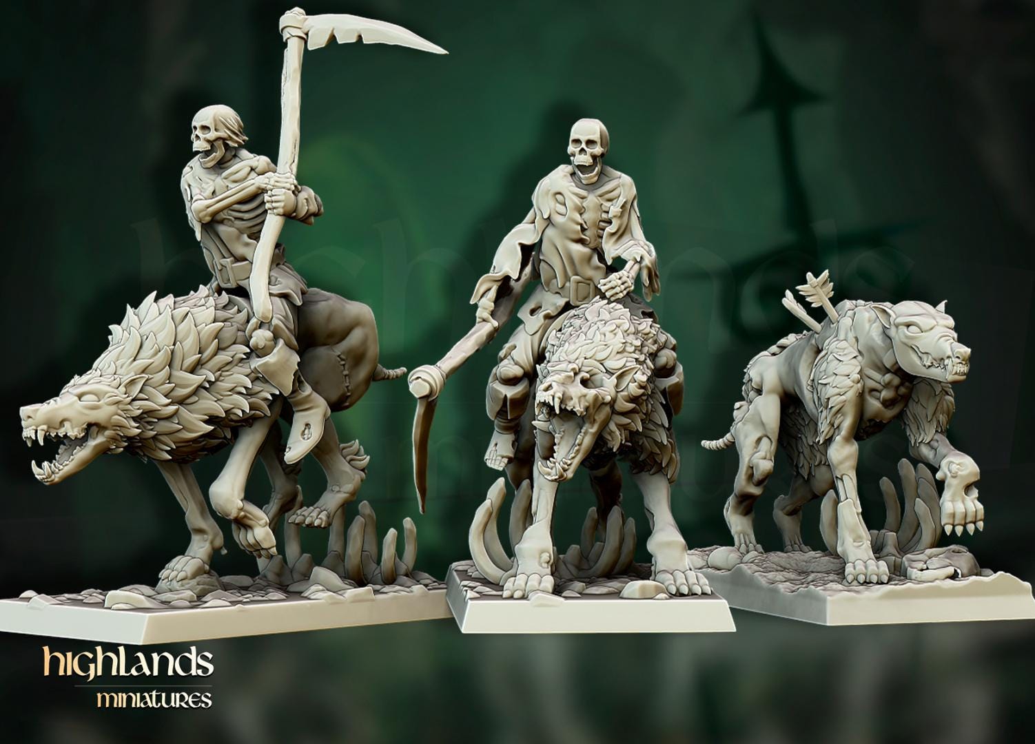 Dire Wolves 5 models and 2 Riders Highland Miniatures Cavalry various scales (US tariffs are pre-paid by us)