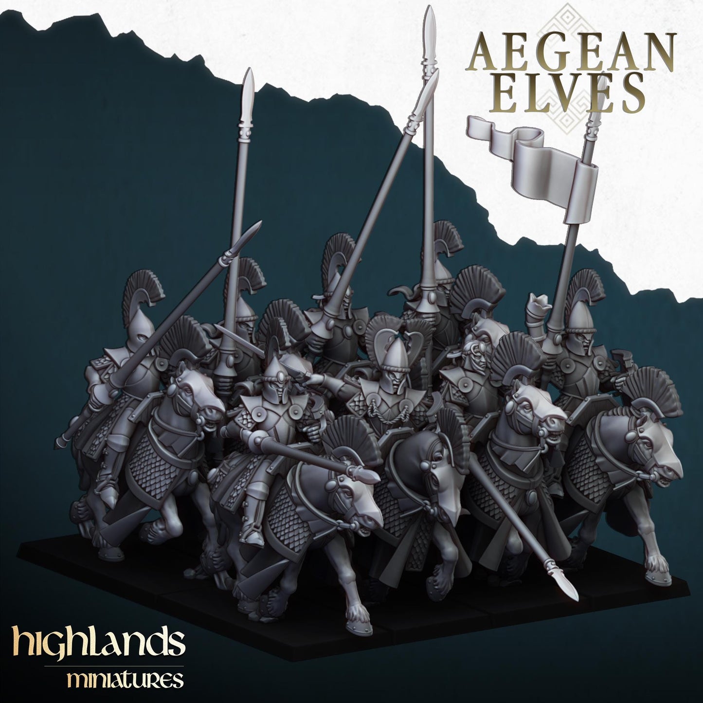 Mounted Aegean Elven Lancers with Command Group 10 models Highland Miniatures Cavalry various scales (US tariffs are pre-paid by us)