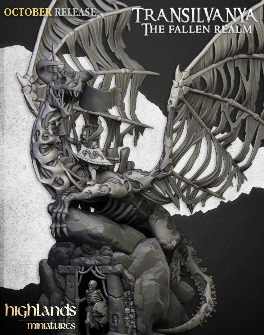 Vampire Lady on Zombie Dragon with Scenic Base Highland Miniatures Transilvanya Undead Hero Various Scales (US tariffs are pre-paid by us)