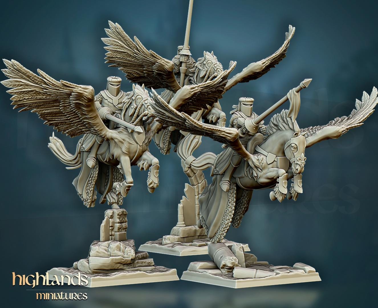 Pegasus Knights with Scenic Bases 3 Mounted models Highland Miniatures Various Scales (US tariffs are pre-paid by us)