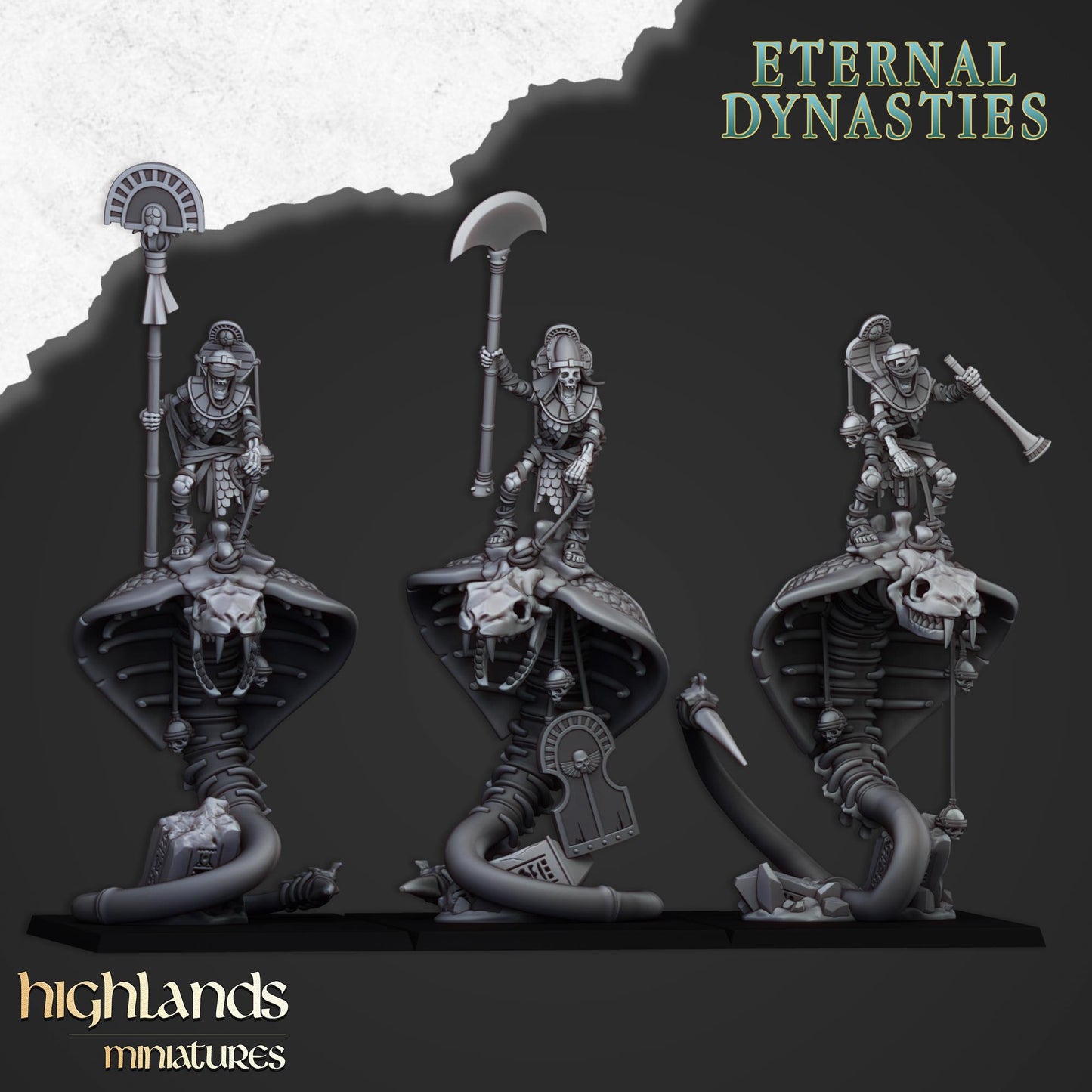Eternal Mounted Ancient Guard on Great Snakes 3 models Highland Miniatures Undead Monstrous Cavalry Various Scales