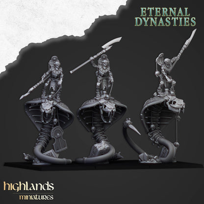 Eternal Mounted Ancient Guard on Great Snakes 3 models Highland Miniatures Undead Monstrous Cavalry Various Scales