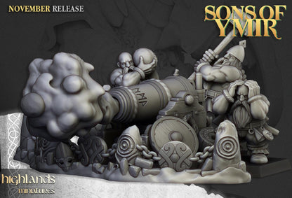 Dwarf Artillery with Crew, Cannon, Flamethrower, Organ Gun Highland Miniatures Various Scales (US tariffs are pre-paid by us)