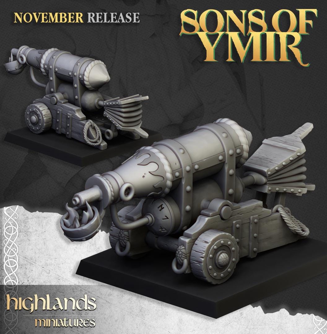 Dwarf Artillery with Crew, Cannon, Flamethrower, Organ Gun Highland Miniatures Various Scales (US tariffs are pre-paid by us)