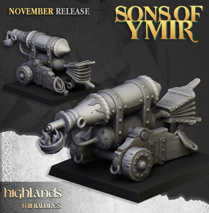 Dwarf Artillery with Crew, Cannon, Flamethrower, Organ Gun Highland Miniatures Various Scales (US tariffs are pre-paid by us)