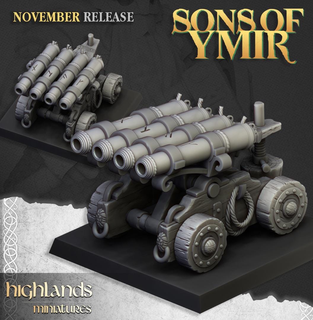 Dwarf Artillery with Crew, Cannon, Flamethrower, Organ Gun Highland Miniatures Various Scales (US tariffs are pre-paid by us)