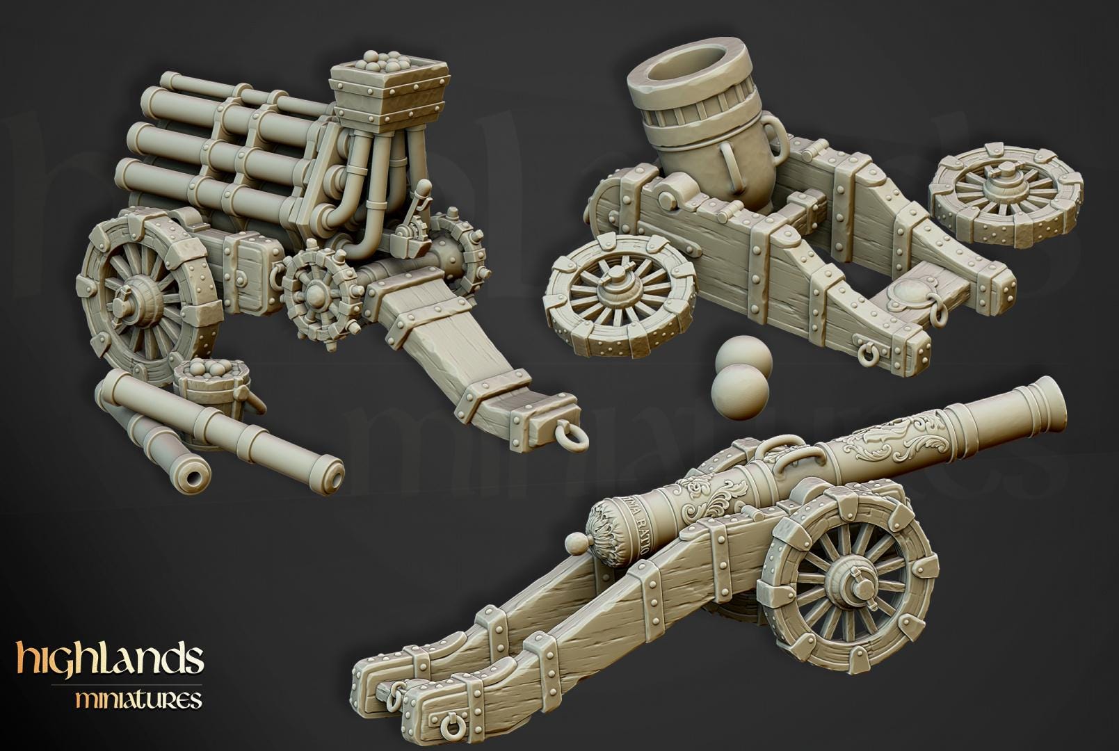 Sunland Artillery Battery with Crew, Cannon, Mortar, Volley Gun Highland Miniatures Various Scales
