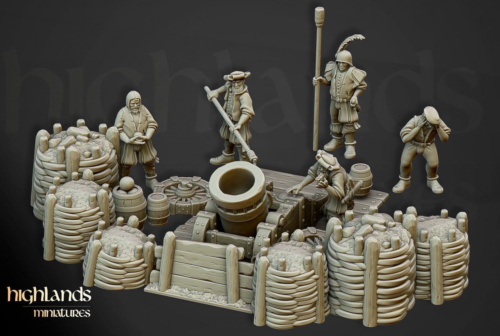 Sunland Artillery Battery with Crew, Cannon, Mortar, Volley Gun Highland Miniatures Various Scales