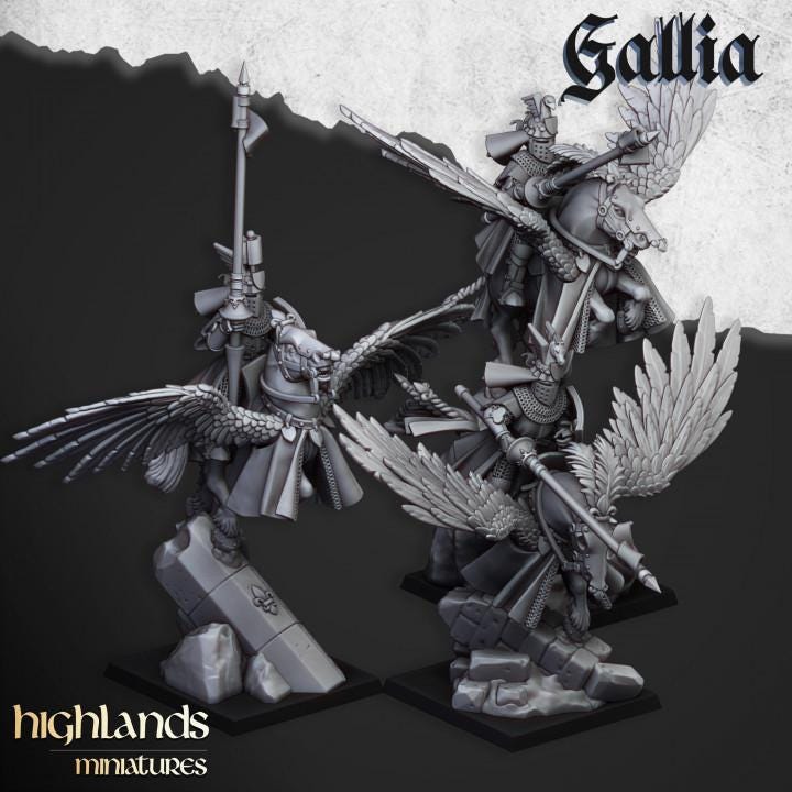 Gallia Knights on Pegasus with Scenic Bases 3 Mounted models Highland Miniatures Various Scales (US tariffs are pre-paid by us)