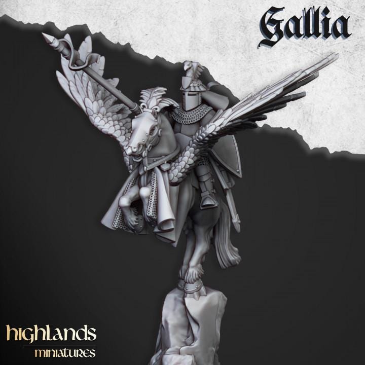 Gallia Knights on Pegasus with Scenic Bases 3 Mounted models Highland Miniatures Various Scales (US tariffs are pre-paid by us)
