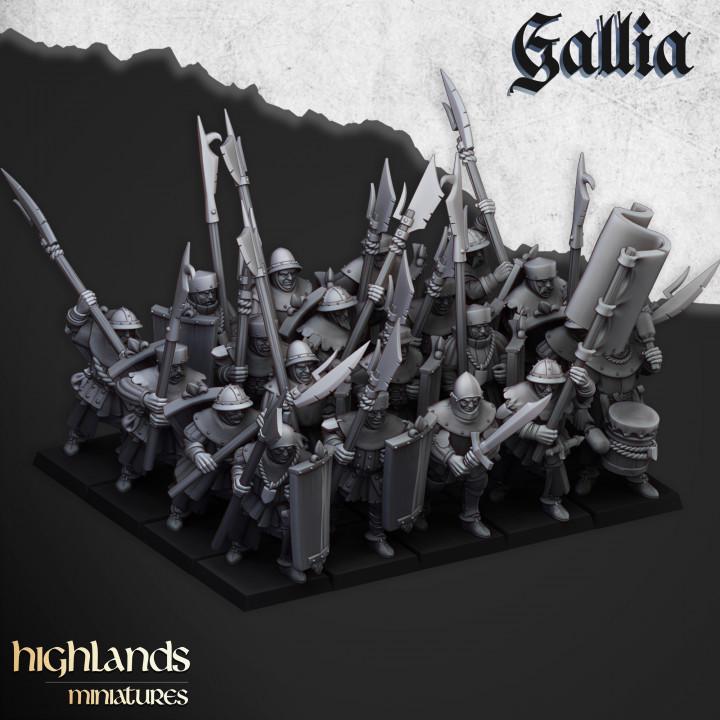 Gallia Men at Arms with Command Group 10 models Highland Miniatures Various Scales (US tariffs are pre-paid by us)