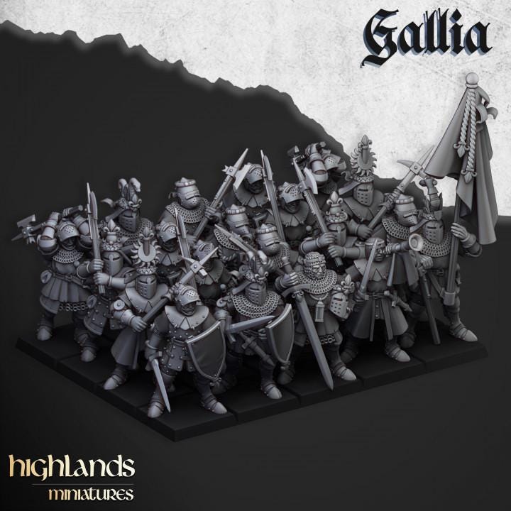 Knights of Gallia on Foot with Command Group 10 models Highland Miniatures Various Scales (US tariffs are pre-paid by us)