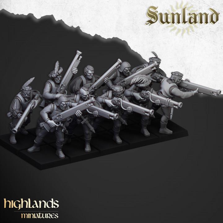 Sunland Arquebusiers 10 models Highland Miniatures Various Scales (US tariffs are pre-paid by us)