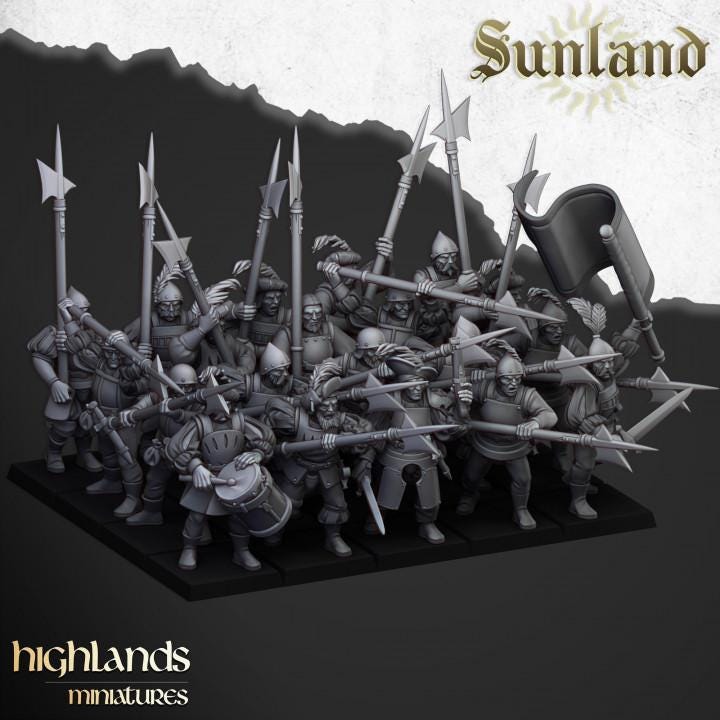 Sunland Troops with Halberds and Spears with Command Group 10 models Highland Miniatures Various Scales (US tariffs are pre-paid by us)