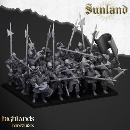 Sunland Troops with Halberds and Spears with Command Group 10 models Highland Miniatures Various Scales (US tariffs are pre-paid by us)