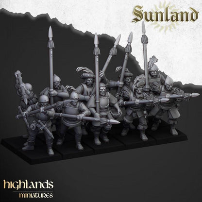Sunland Troops with Halberds and Spears with Command Group 10 models Highland Miniatures Various Scales (US tariffs are pre-paid by us)