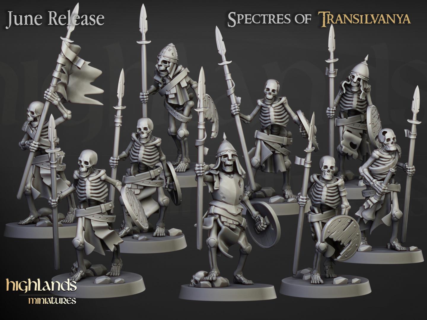 Skeleton Warriors with Spears and Command Group 10 models Highland Miniatures Transilvanya Undead Various Scales