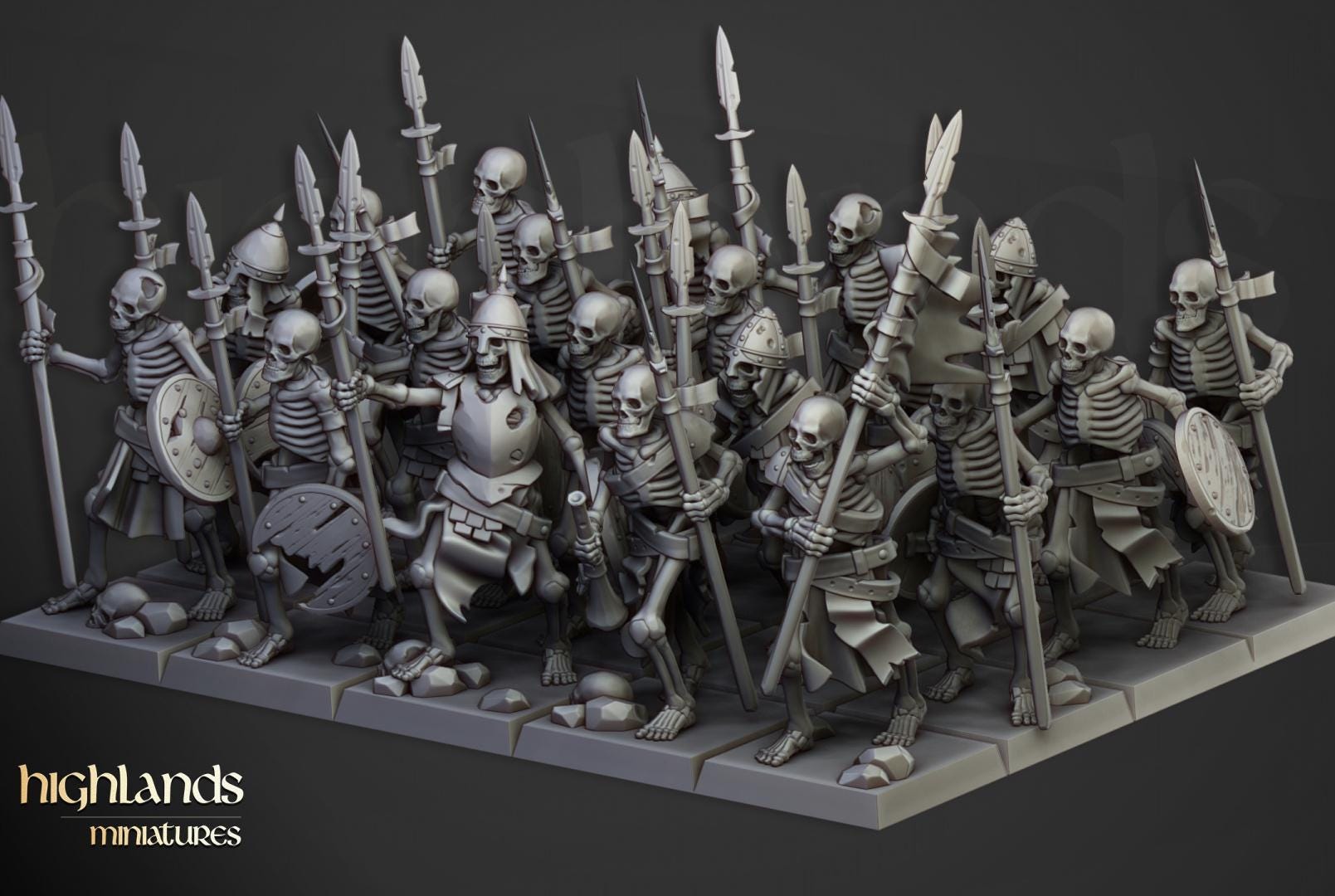 Skeleton Warriors with Spears and Command Group 10 models Highland Miniatures Transilvanya Undead Various Scales