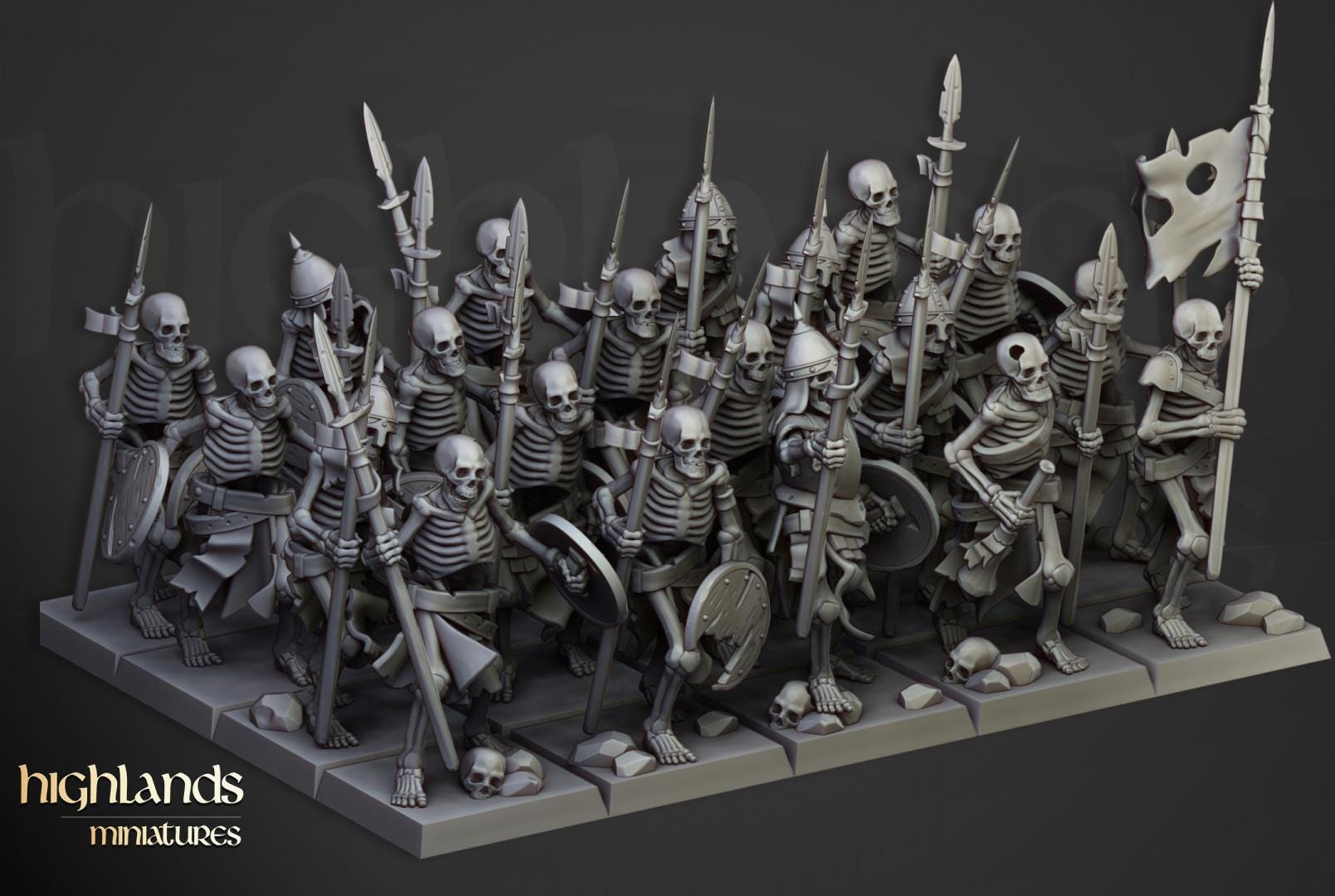 Skeleton Warriors with Spears and Command Group 10 models Highland Miniatures Transilvanya Undead Various Scales