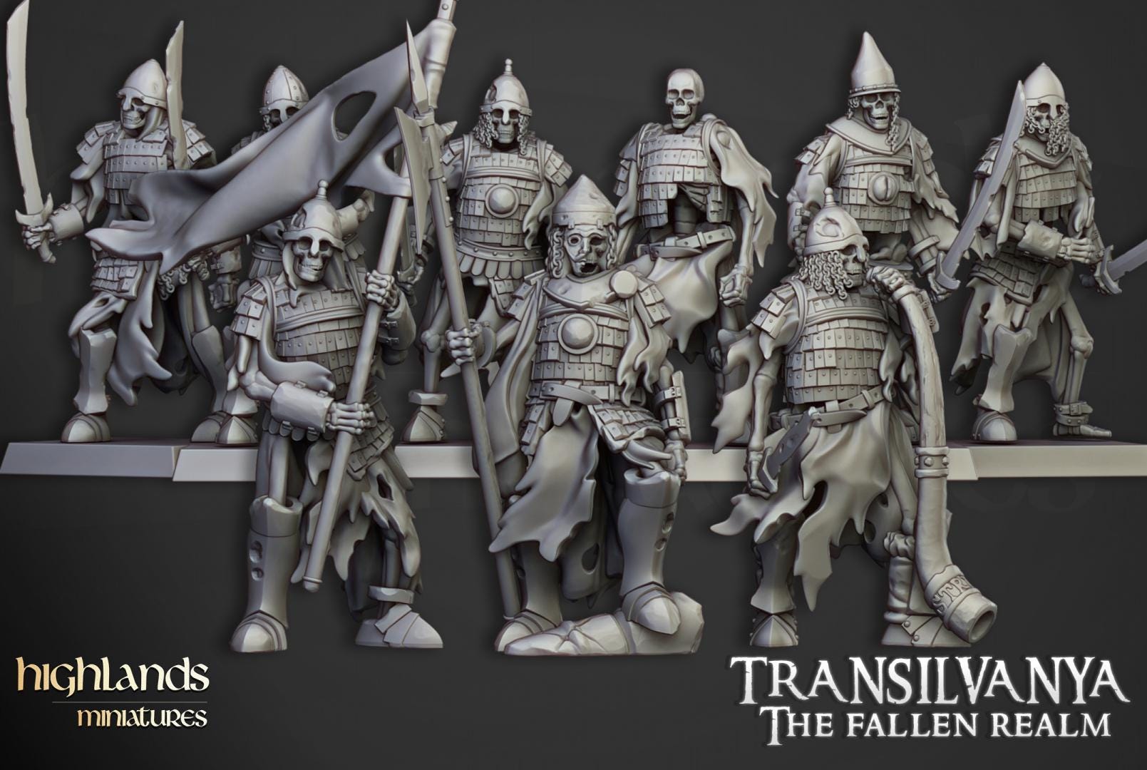 Skeleton Boyar Guards with Command Group 10 models Highland Miniatures Transilvanya Undead Various Scales (US tariffs are pre-paid by us)