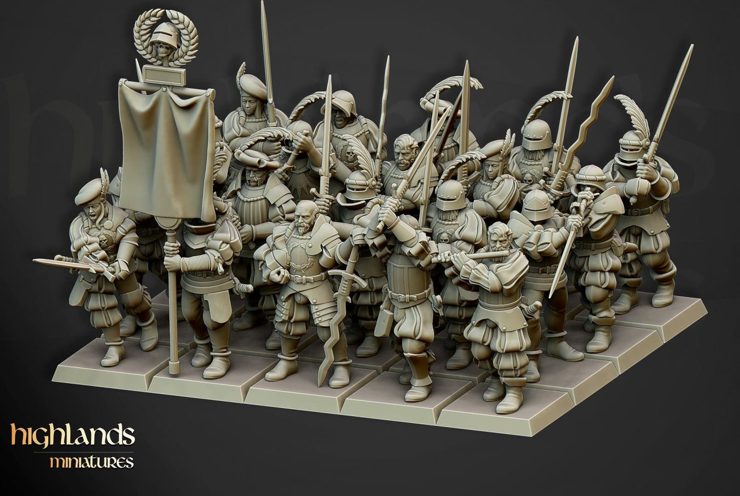 Landsknechts of Soltau with Command Group 10 models Highland Miniatures Various Scales (US tariffs are pre-paid by us)