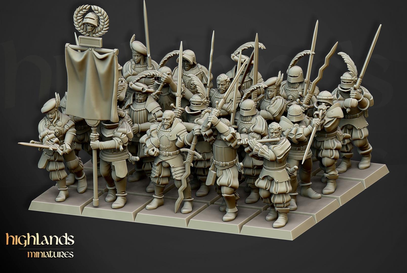 Landsknechts of Soltau with Command Group 10 models Highland Miniatures Various Scales (US tariffs are pre-paid by us)