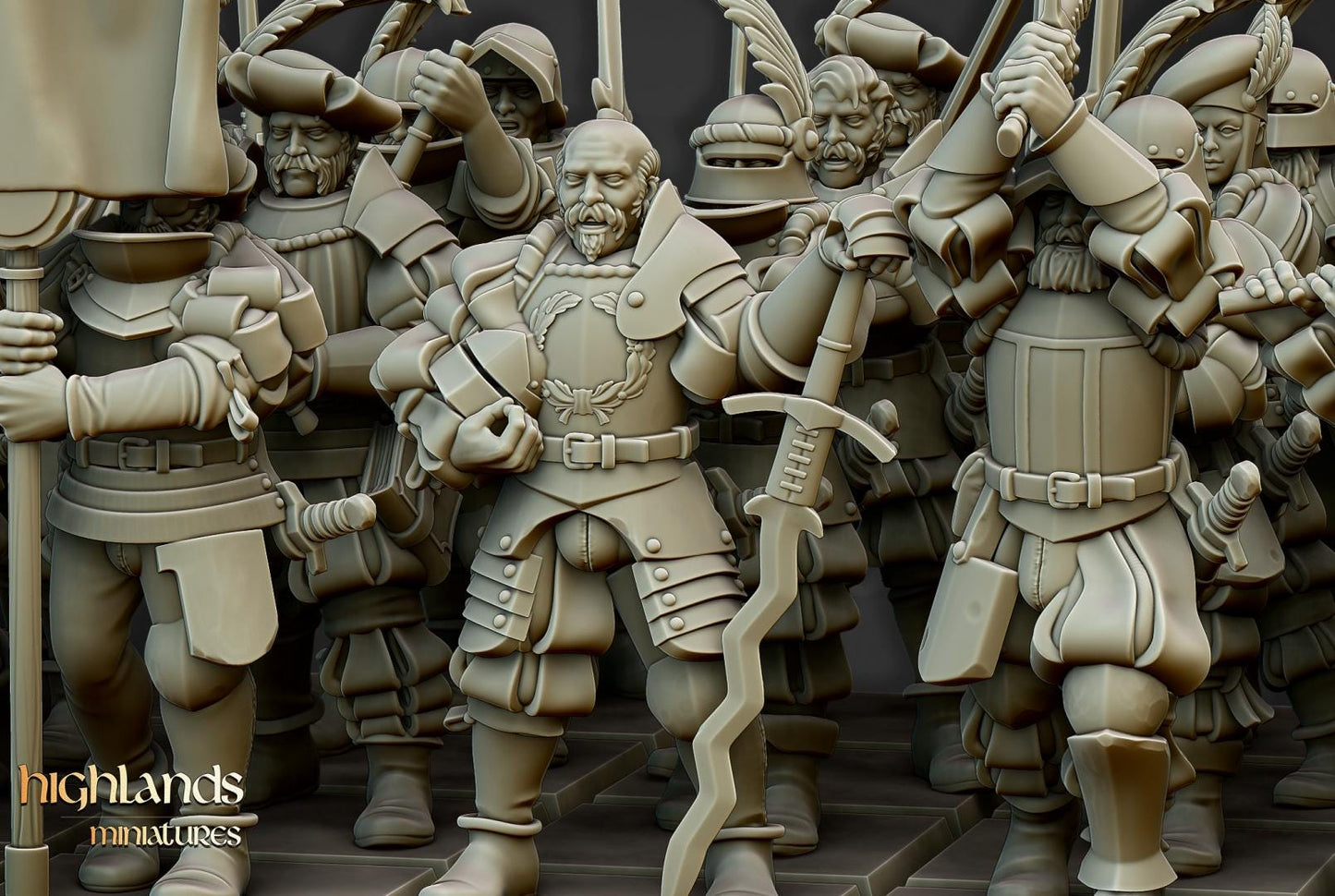 Landsknechts of Soltau with Command Group 10 models Highland Miniatures Various Scales (US tariffs are pre-paid by us)