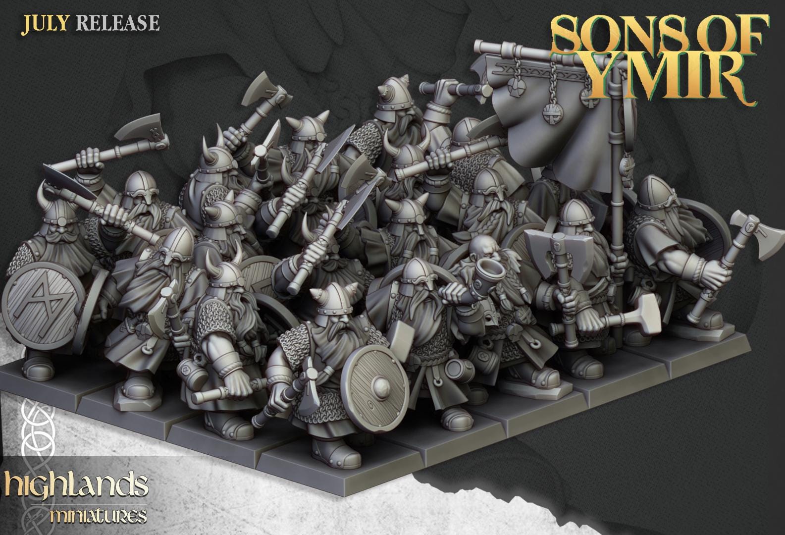Dwarf Warriors with Command Group 10 multipart models Highland Miniatures Various Scales (US tariffs are pre-paid by us)