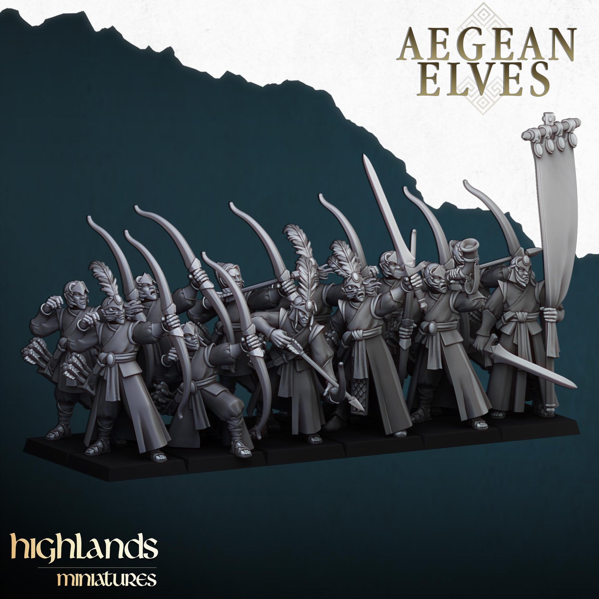 Aegean Elves Archers with Command Group 10 models Highland Miniatures Various Scales (US tariffs are pre-paid by us)
