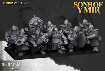 Dwarf Firespitters with Command Group 10 models Highland Miniatures Various Scales (US tariffs are pre-paid by us)