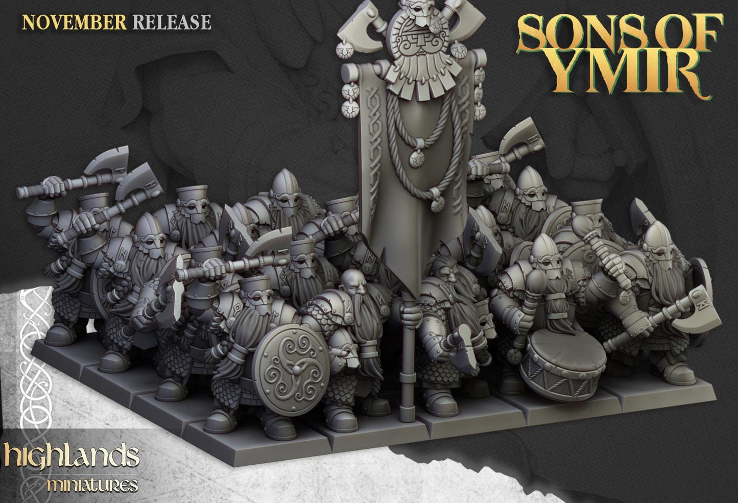 Dwarf Huscarl Unit with Command Group 10 models Highland Miniatures Various Scales (US tariffs are pre-paid by us)