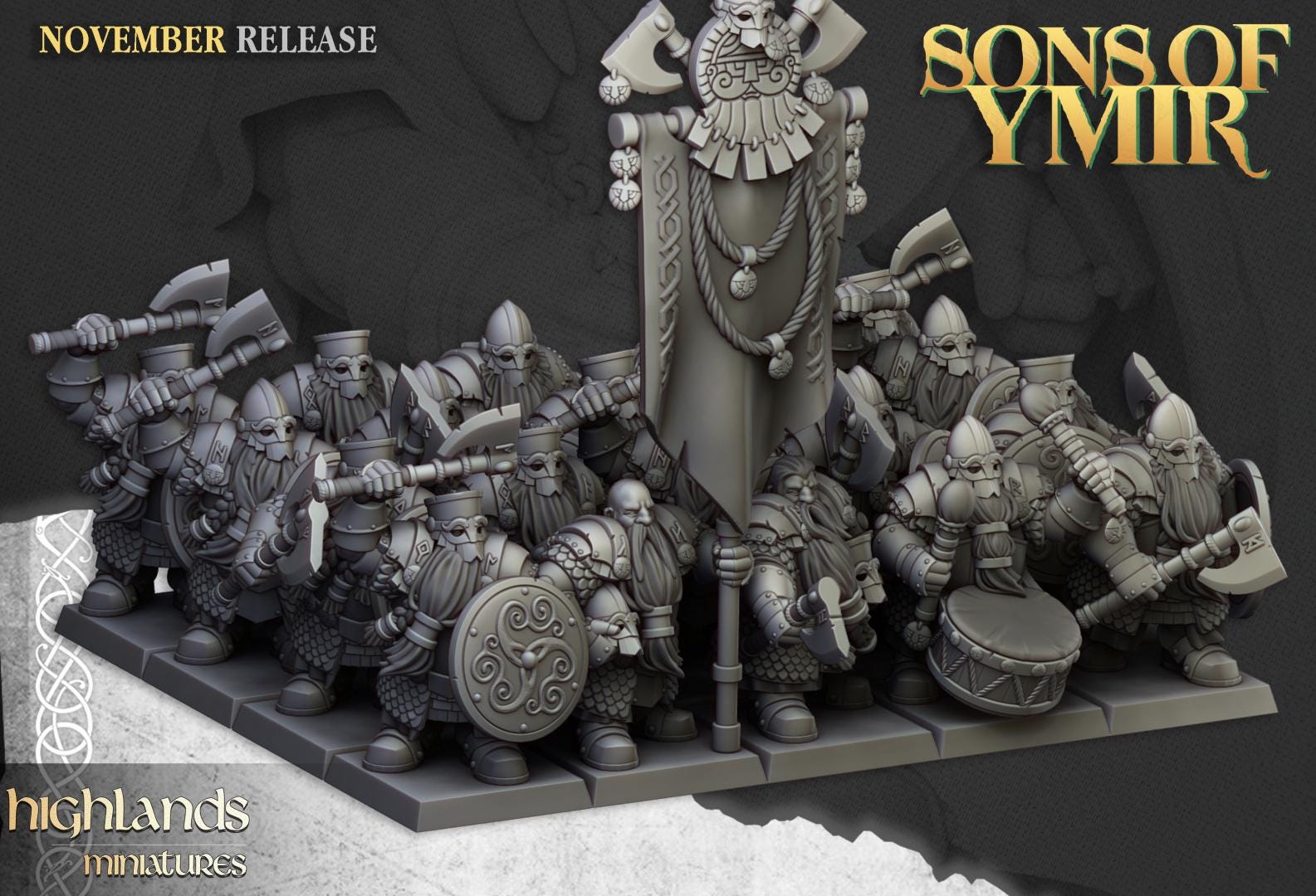 Dwarf Huscarl Unit with Command Group 10 models Highland Miniatures Various Scales (US tariffs are pre-paid by us)
