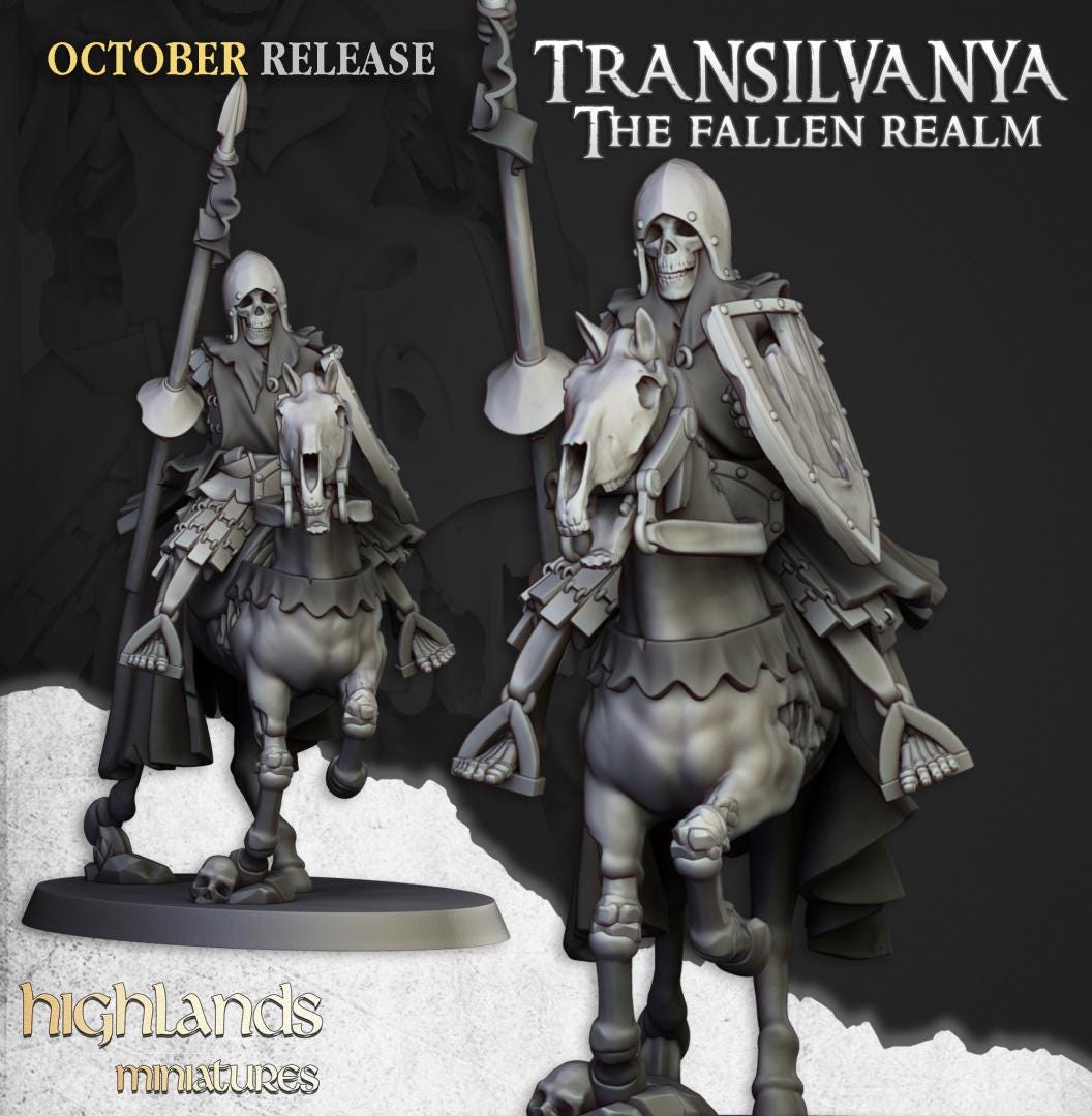 Skeleton Knights with Command Group 10 models Highland Miniatures Transilvanya Undead Cavalry various scales (US tariffs are pre-paid by us)