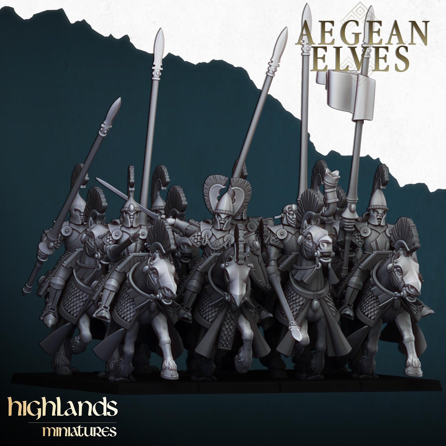 Mounted Aegean Elven Lancers with Command Group 10 models Highland Miniatures Cavalry various scales (US tariffs are pre-paid by us)