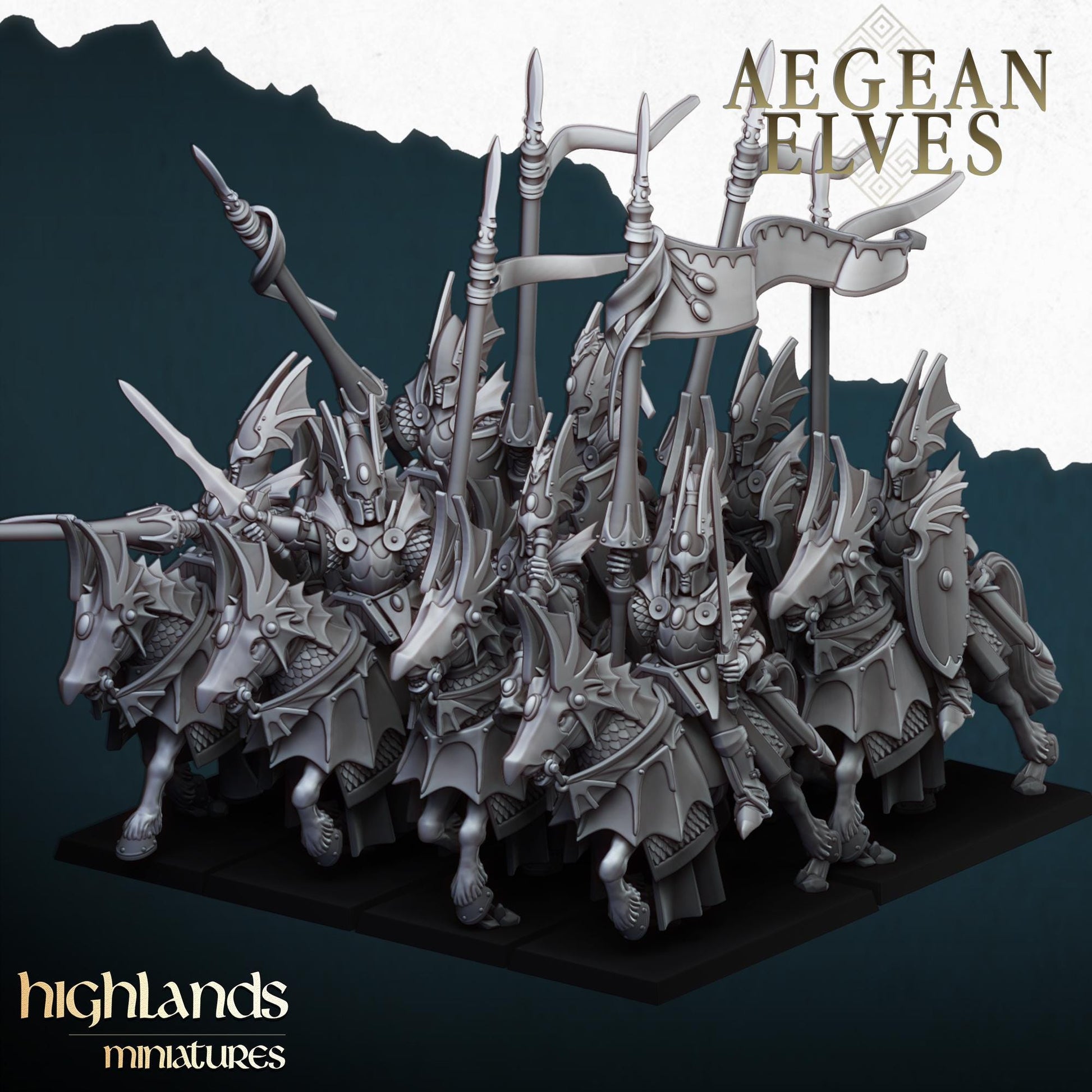 Mounted Aegean Elven Dragoons with Command Group 10 models Highland Miniatures Cavalry various scales (US tariffs are pre-paid by us)