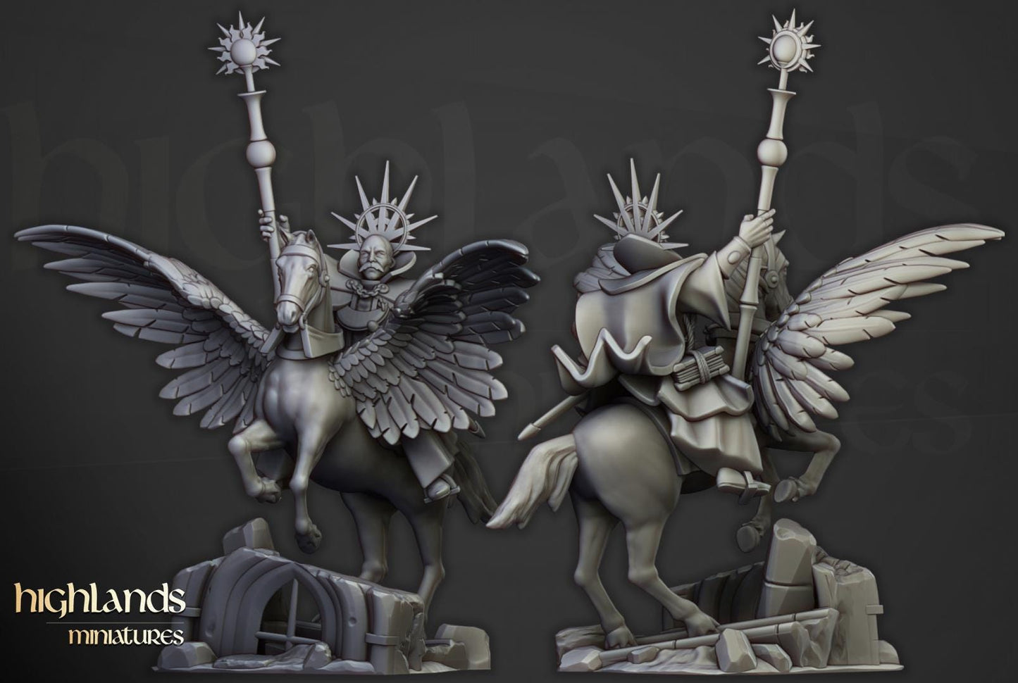 Sunland High Mage on Pegasus with Scenic Base Highland Miniatures Hero Various Scales (US tariffs are pre-paid by us)