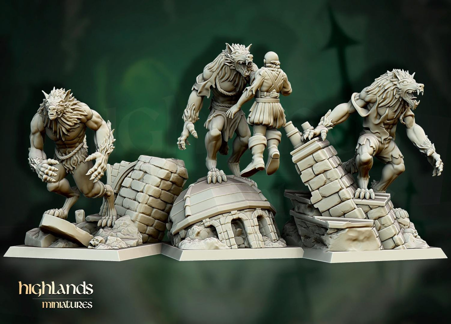 Werewolves with Scenic Bases 3 models Highland Miniatures Various Scales (US tariffs are pre-paid by us)