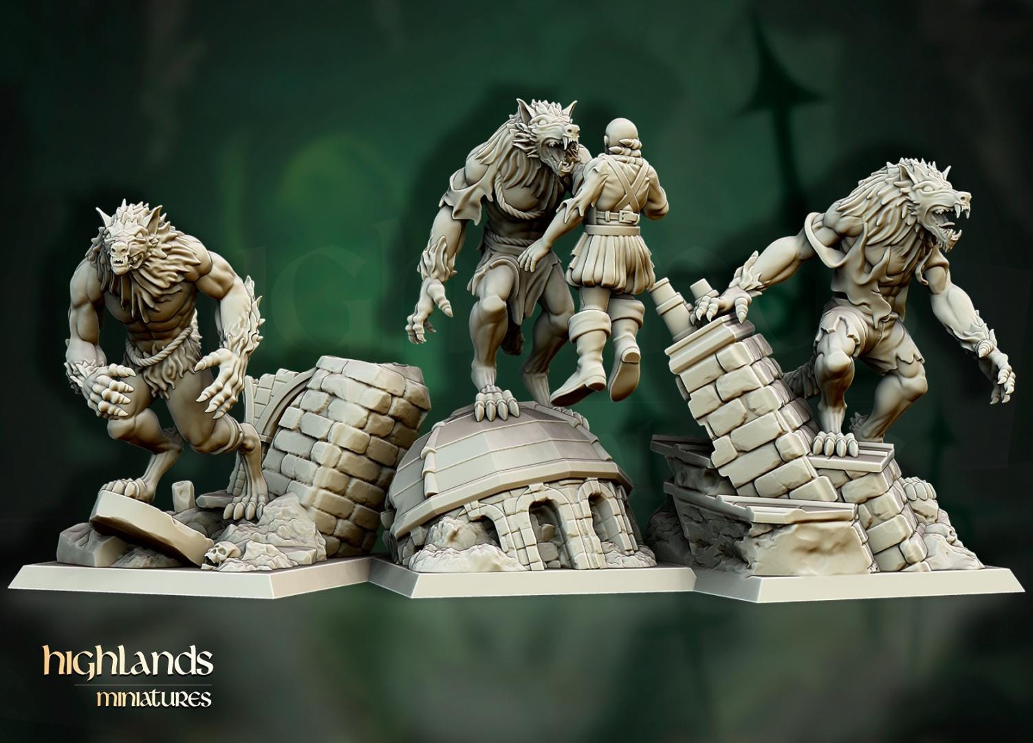 Werewolves with Scenic Bases 3 models Highland Miniatures Various Scales (US tariffs are pre-paid by us)