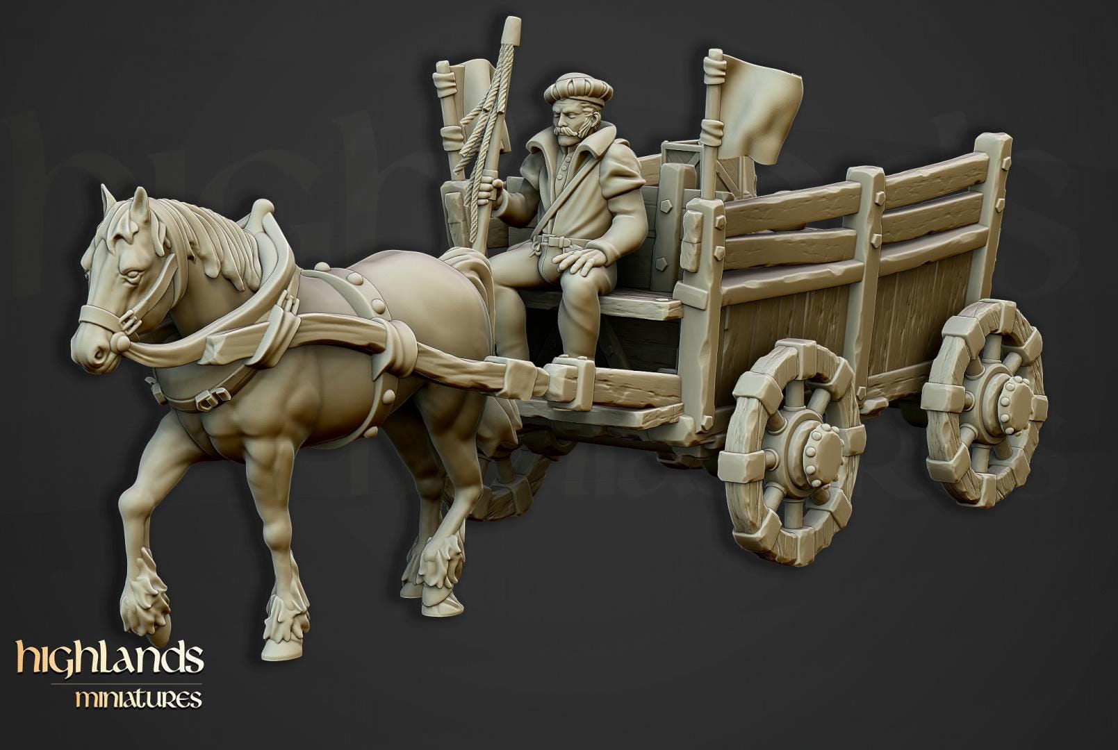 Gold Wagon with Driver and Cargo Highland Miniatures Various Scales (US tariffs are pre-paid by us)
