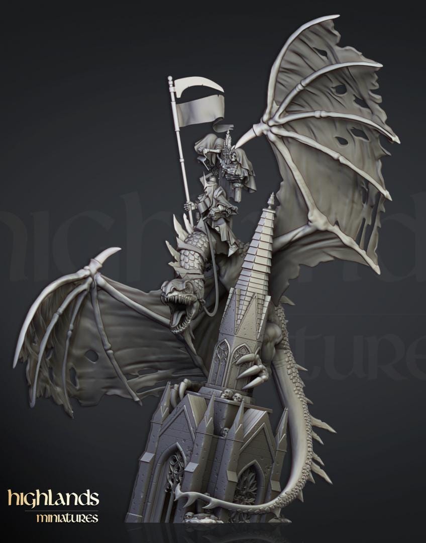 Lord Necromancer Ezekiel on Zombie Dragon with Scenic Base Highland Miniatures Transilvanya Undead Hero Various Scales