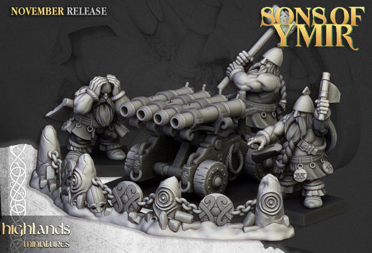 Dwarf Artillery with Crew, Cannon, Flamethrower, Organ Gun Highland Miniatures Various Scales (US tariffs are pre-paid by us)