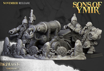 Dwarf Artillery with Crew, Cannon, Flamethrower, Organ Gun Highland Miniatures Various Scales (US tariffs are pre-paid by us)