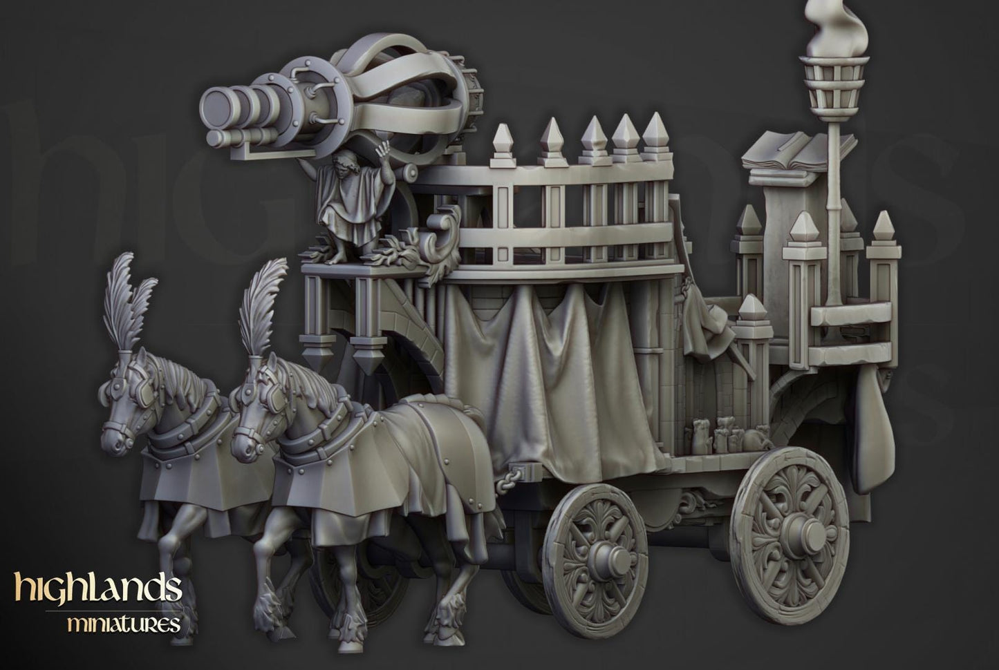 Arcane Cannon on Chariot Highland Miniatures Various Scales (US tariffs are pre-paid by us)